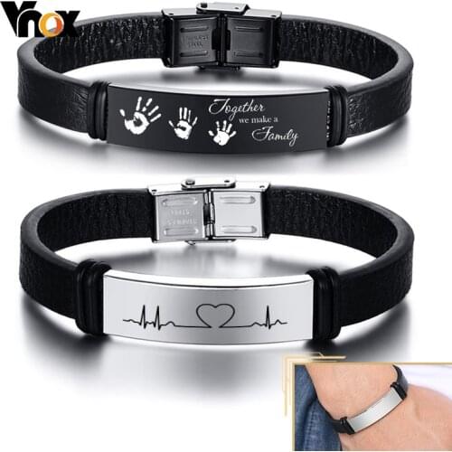 Vnox Customized Leather Bracelets for Men Women,12mm Stainless Steel ID Bangle, Personalized Gift, Male Casual Jewelry