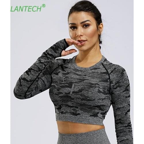 LANTECH Women Gym Shirts Sports Yoga Seamless Crop Tops Camo Fitness Compression Tights Shirt Clothing Workout Sportswear