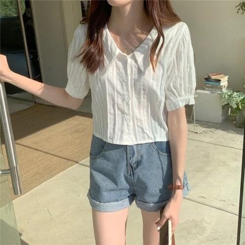 Shirts Summer New Design Sense Polo Collar Short Niche Tops Loose White All-match Ladies Shirts