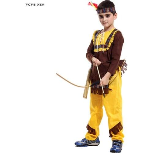 M-XL Boys Indians hunter Cosplay Children Kids Halloween Archer Costumes Carnival Purim Parade Masquerade stage show Party dress