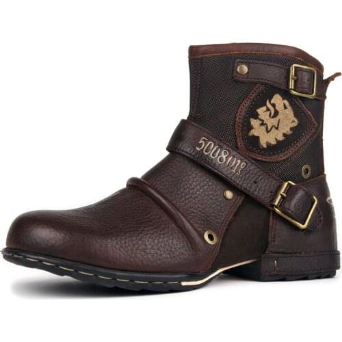 Mens Motorcycle Boots Zipper Leather Casual Shoes Punk Ankle Boots Military Uniform Cowboy Boots High-top Breathable Cool Men