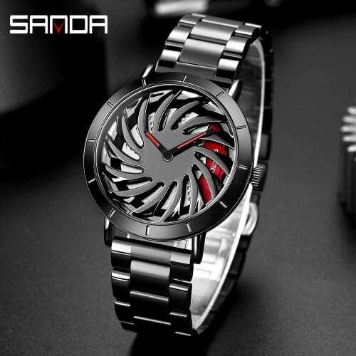 Sanda Men Car Wheel Watch Popular Cool Rotating Sport Watch Mens With Rim Hub Luxury Stainless Steel Strap Quartz Wristwatch