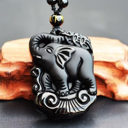 Men Necklace Pendant Black Obsidian Elephant Trunk God of Fortune Pendant Free Chain for Male Fine Jade Jewelry