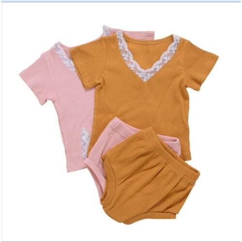 0-3Y Kids Baby Girl Clothing Flower Lace Short Sleeve V Neck Tops+Short Pants 2pcs Suits Summer Kids Knitted Princess Set