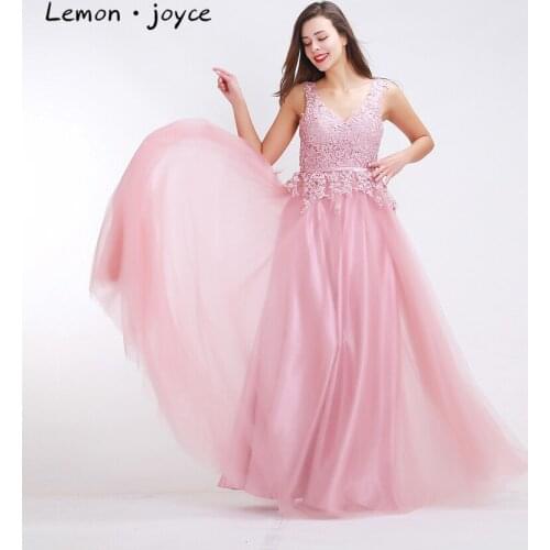 Pink Appliques Prom Dresses 2020 Fantasy V-neck Backless Sleeveless A-line Tulle Elegant Maxi Long Evening Dresses vestido