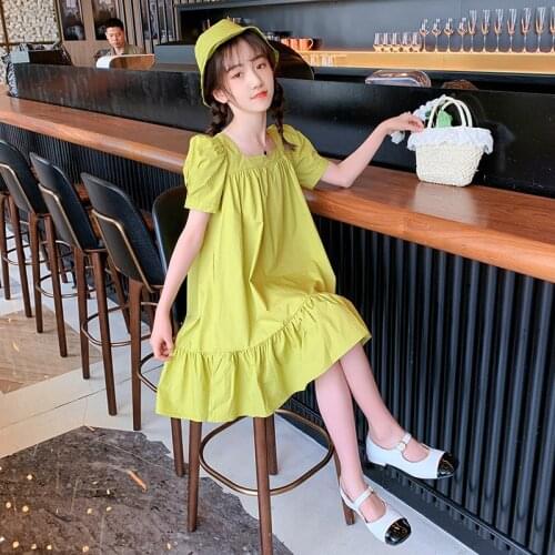 Girls' dresses, big childrens pure color hat dresses, childrens short-sleeved princess dresses, new childrens dresses, childr