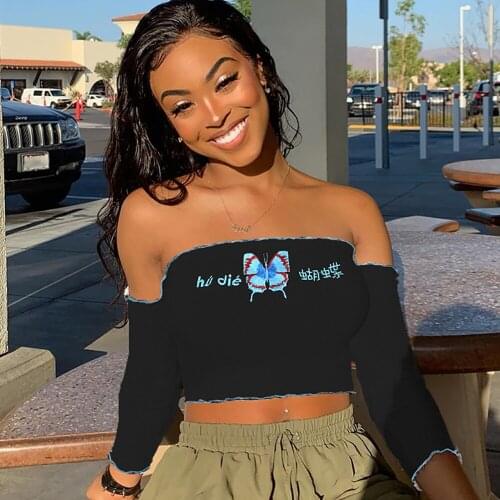 Sexy Women Flat Shoulder Yoga Top Butterfly Embroidery Workout Tops For Women Crop Top Long Sleeve Shirts
