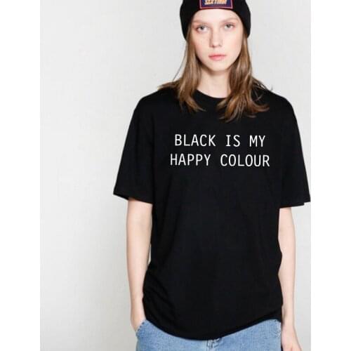 Skuggnas women casual cotton black is happy color print women t shirt tops tee shirts cool 90s fashion women aesthetic clothes
