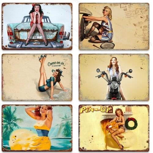 Vintage Russian Cartoon Plaque Iron Painting Pin Up Sexy Girl Tin Sign Pub Cafe Shop Home Wall Decor Stickers Metal Plate Poster
