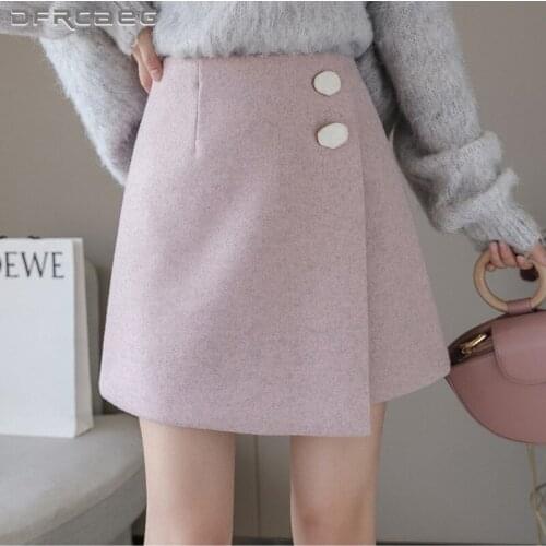 Pink Winter Thick Warm Woolen Mini Skirts Women 2021 High Waist Casual Button A-Line Irregular Short Skirt Wool Female