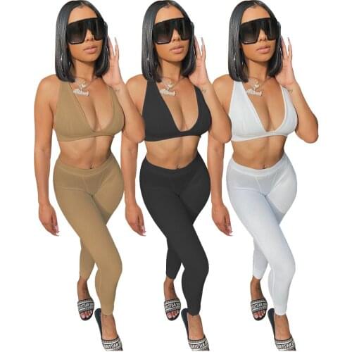 Women Casual 2 Pieces Yoga Outfits Set Sexy V-Neck Sleeveless Crop Tank Tops Skinny Long Pants Tight Leggings Jogger Tracksuits