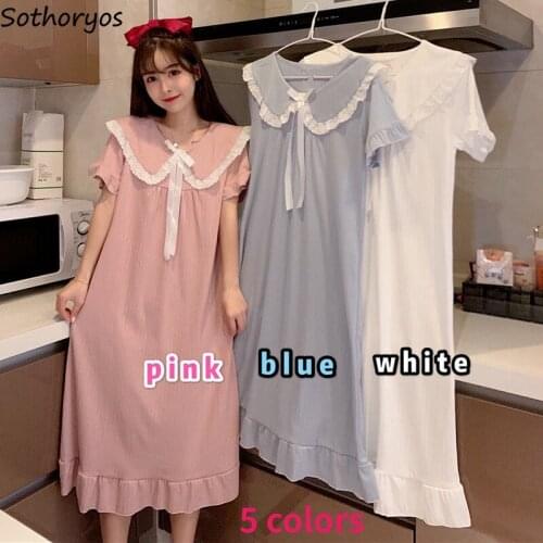 Women Nightgowns Short Sleeve Sweet Ruffles Bow Lovely Gentle Ulzzang Loose Casual Nightdress Cozy Elegant Teens Fairy Princess