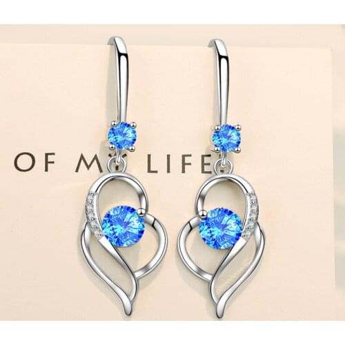 Female Luxury Blue Crystal Heart Dangle Earrings Vintage Fashion Multicolor Round Zircon Drop Earrings For Women Wedding Jewelry