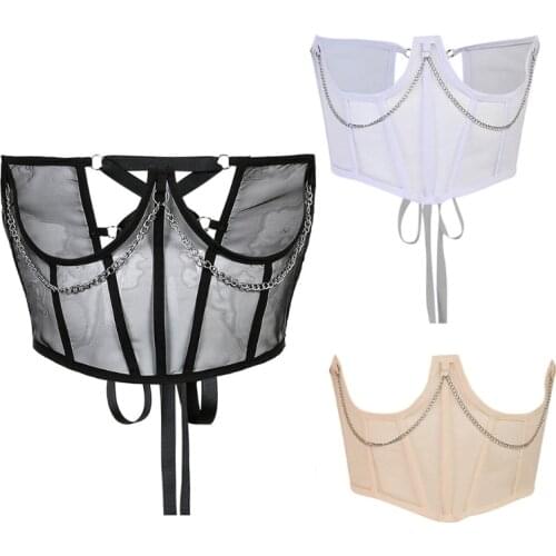 Women Sexy Sheer Mesh Patchwork Bustier Corset Vintage Strapless Lace-Up Back Overbust Waist Cincher Body Shaper Top