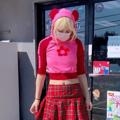 Dourbesty Y2K Women Hooded Sweater with Bear Ears Cartoon Pattern Floral Print Casual Spring Clothing Harajuku 2000s Streetwear