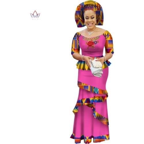 BRW Private Custom African Dress Bazin Riche Women Dress Suit Half Sleeve Tops and Long Print Skirt Large Size M-6XL WY2412