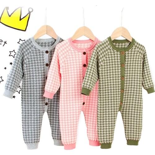 Infant Baby Boys Girls Grid Rompers Clothes + Hat 2PCS 2020 New Baby Boy Girl Kids Knitting Long Sleeve Rompers Clothes