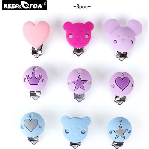 Keep&Grow 3pcs Food Grade Cartoon Silicone Pacifier Clips Baby Teething Beads DIY Pacifier Chain Metal Holder Accessories