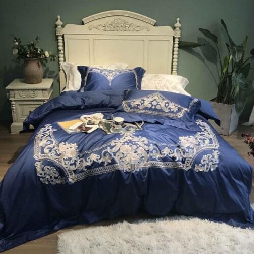 New Blue luxury Royal 120S Egyptian cotton Embroidery Bedding sets Queen King Wedding Duvet cover Bed sheet set Pillowcases 4pcs
