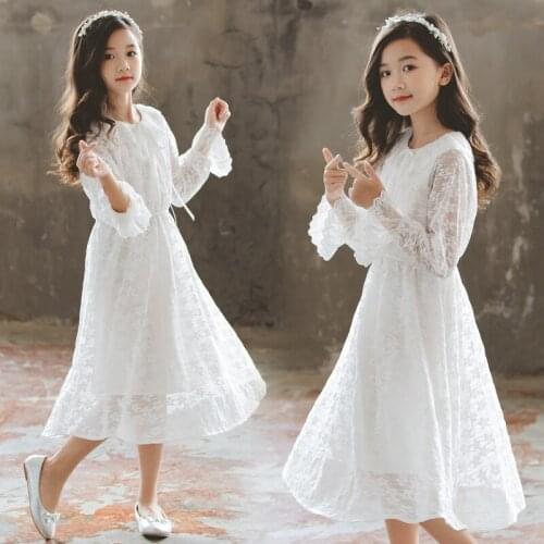 Bohemian floral lace big girls dresses white long sleeve spring fall teenager girls dress childrens clothing