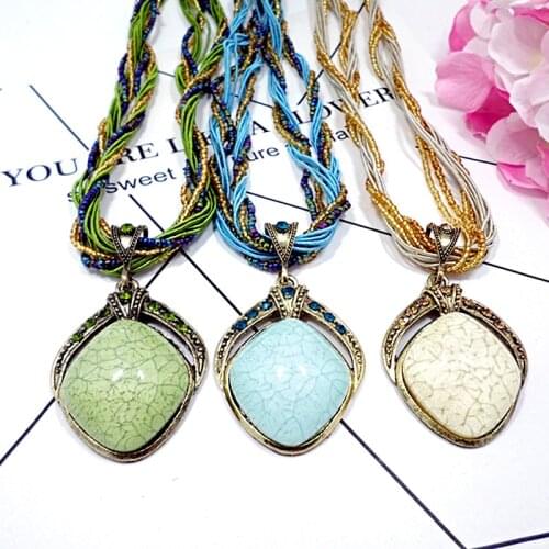 Bohemia Necklaces Pendants For Women Vintage Gold Color Geometric Stone Handmade Beads Long Chain Statement Boho Choker Jewelry