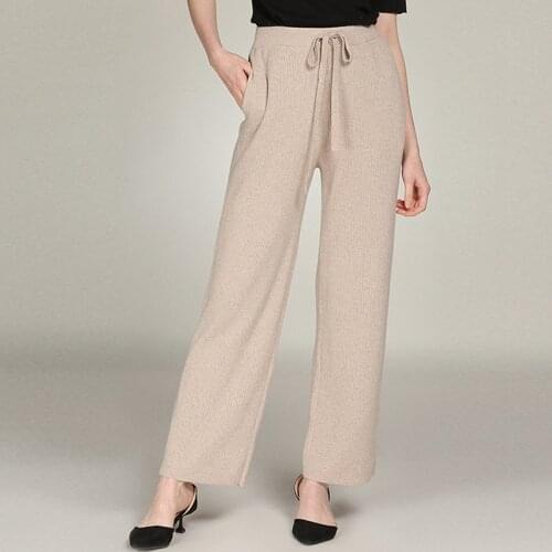 100% Cashmere Wide Leg Pants Women Mid Elastic Waist Pockets 3 Colors Full Length Casual Pants Simple Design 2018 New Fashion