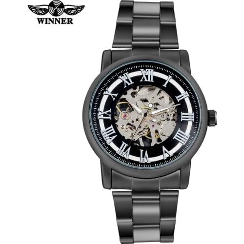 2016 WINNER china brand men fashion mechanical hand wind watches skeleton dial black case transparent glass stainless steel band