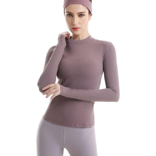 CretKoav Autumn New High Collar Yoga Top Long Sleeve T-shirt Women Elastic Slim Thumb Hole Solid Color Running Sport T-Shirt