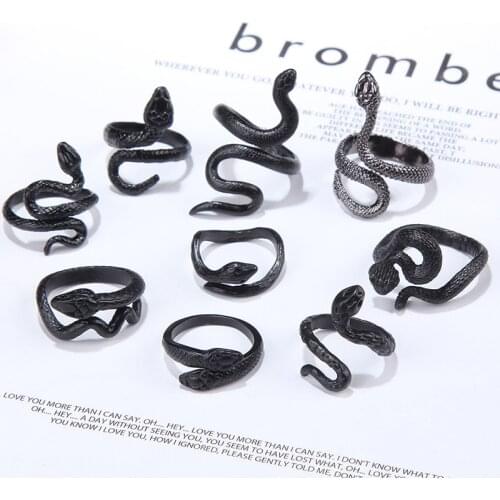 Black Silver Color Cool Vintage Hip-Hop Snake Rings Metal Punk Open Adjustable Design Animal Finger Ring for Women Men Party Jew