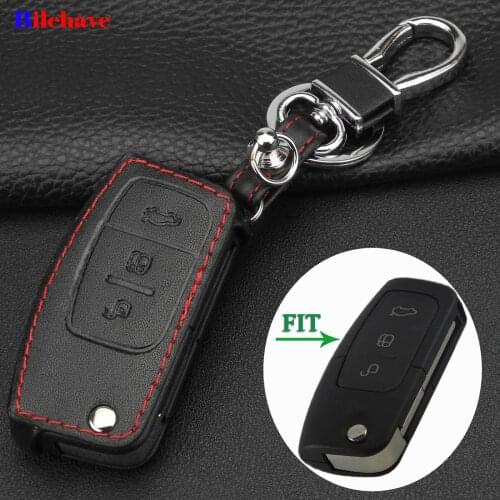 Bilchave 3 Buttons Folding Remote Car Hand-stitched leather Case Cover Fob For Ford Focus 2 MK2 Fiesta kuga Ecosport Holde