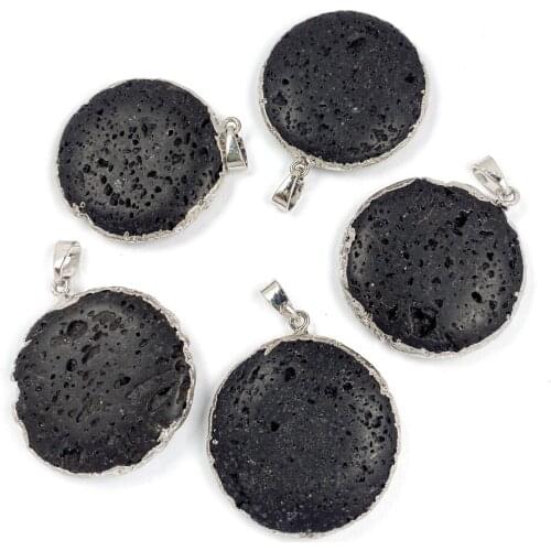 Natural Stone Black Lava Stone Pendant Plated Round ShapePendant For Handmade Jewelry Making DIY Necklace Accessories