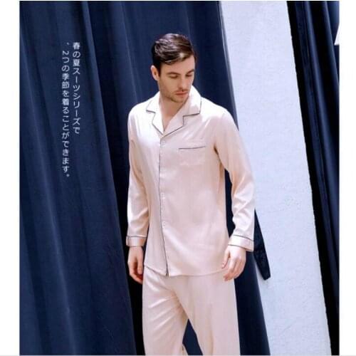Mens Homewear Thin Ice Silk Long Sleeves Suit Home Clothes Modern Style Silk Nightgown Plus Size Satin Pajamas Silk Spring J007