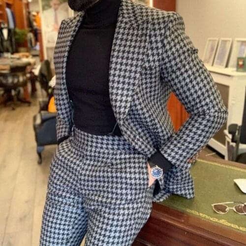Houndstooth Mens Suits 2PCS Wedding Tuxedos Vintage Fit Formal Best Man Suit Groom Wear Tweed Suits Jacket Pants Vest