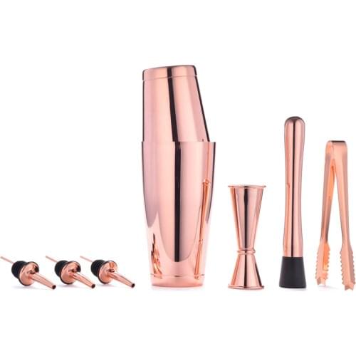 Premium 7 Pieces Bar Tool Set: 18/8 stainless steel Boston Shaker, 25/50ml Double End Jigger, Muddler, Ice Tong & 3 Pourers