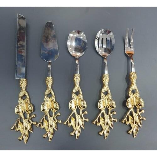 5 Piece Butterfly Design Service Cutlery Gold Colour Food Presentation Tableware Kitchen Dinner Accessories Metal