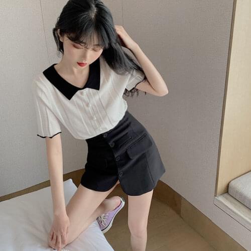 2021 Summer New Korean Sweet Ice Silk Short-sleeved T-shirt Female Turndown Collar Thin Patchwork Knitted Sweater Tops Y556