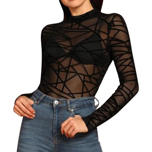 Sexy T-Shirt Women Mesh Net See T Shirt O-Neck Long Sleeve Hollow Transparent Undershirt Base Top Femininas Clubwear tshirt