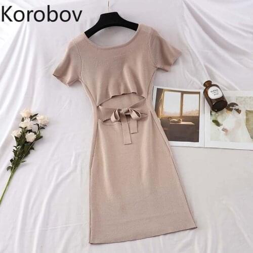 Korobov Sexy Backless Bow Women Dress Korean Solid O Neck Short Sleeve Female Dresses Vintag Elegant Knitted Vestidos Mujer