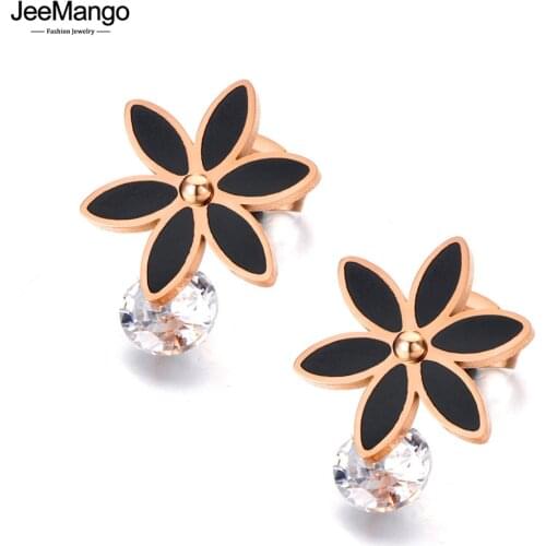 JeeMango Trendy Stainless Steel White Black Glaze Flower Bohemia Party Earrings For Women Original CZ Crystal Earrings JE20138