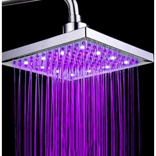 VEHHE LED Top Rainfall Stainless Steel Shower Head 8 Inch Square Bath Water Temperature Ceiling Mounted LED Nozzle Shower