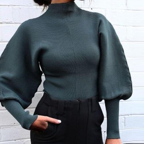 Womens Sweater Autumn And Winter Long-sleeved Knitted Solid Color Lantern Sleeve Long-sleeved Pullover Turtleneck Sweater