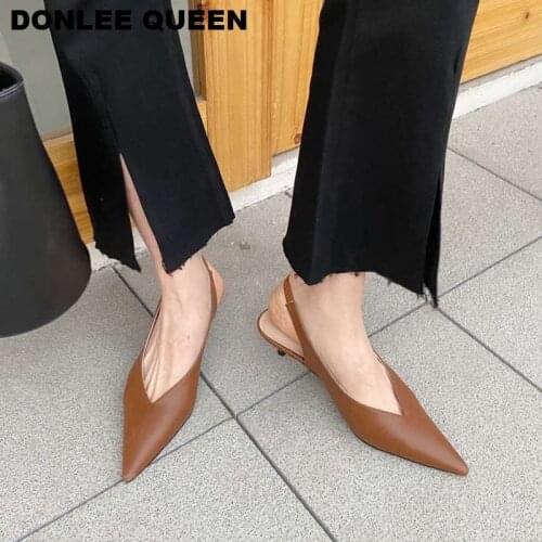 2020 Spring Slingback Sandals Low Heel Pumps Shoes Women Elegant Kitten Heel Mules Pointed Toe Wedding Party Shoes zapatos mujer