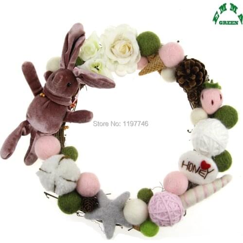 Wishing Garland Wool Felt Doll Cute Rabbit Handmade Christmas Wreath Pom Pom Girls Room Decor DIY Jewelry Craft big Dia 25cm
