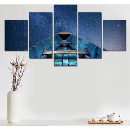 Wall Art Canvas Painting Poster Dark Blue Sky Starry Wooden Boat Modern 5 Panel Landscape Fantasy Universe Print For Living Room