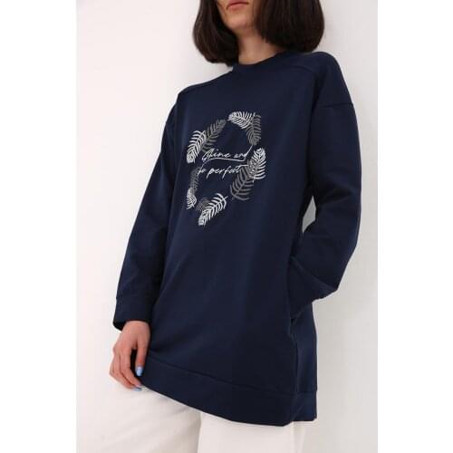 Allday Women Clothing Casual Sweatshirts Embroidered Sweat Tunic Crew Neck Long Sleeve Slogan Embroidered Tunic Made in Turkey