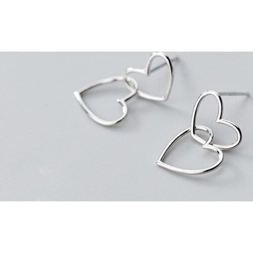MloveAcc 100% 925 Sterling Silver Hollow Double Heart Stud Earring for Women Girl Fashion Fine Silver Jewelry Wholesale