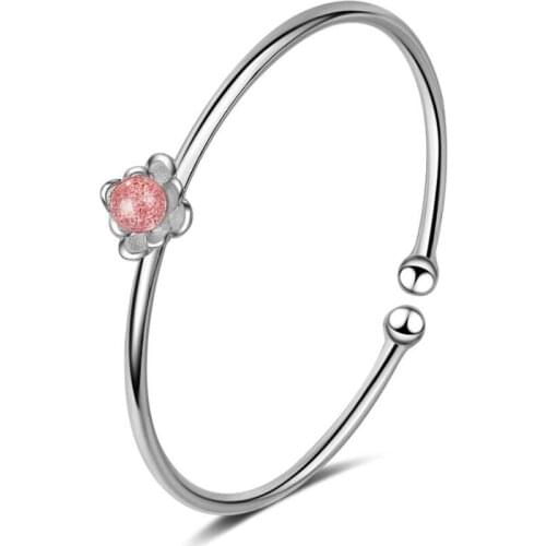 KOFSAC New Fashion 925 Silver Bangles For Women Wedding Jewelry Cute Pink Crystal Flower Bangle Bracelets Girl Party Accessories