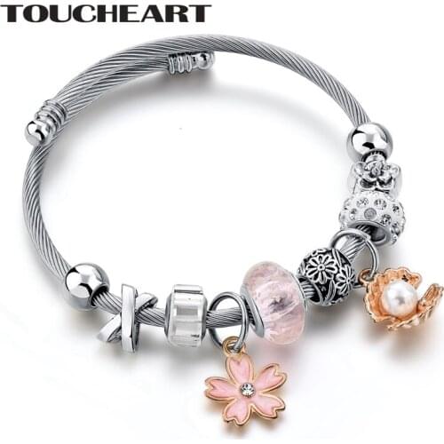 TOUCHEART Pink Flowers & Pearl Shell Bohemian Design Bracelet Charms Lot For Women Jewelry Making Luxury Brand Bangles SBR180104