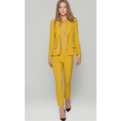 Yellow Custom Made Notch Lapel Business Formal PantSuits Women Full Sleeve Jacket+Pants 2 Pieces Suit Female Pantsuit Plus Size