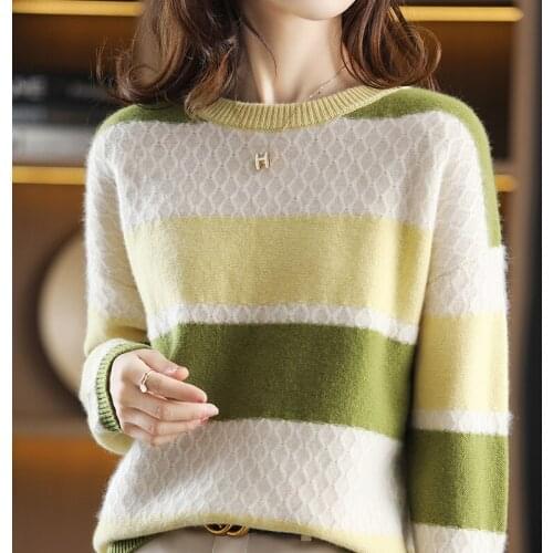 2021 new autumn and winter cashmere sweater womens round neck color blocking loose and thin Pullover 100% wool knitted bottomed